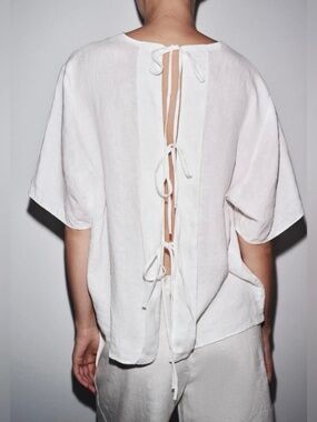 ZARA NEW ZW COLLECTION 100% LINEN OPEN BACK TIE TOP 8463/329 XL